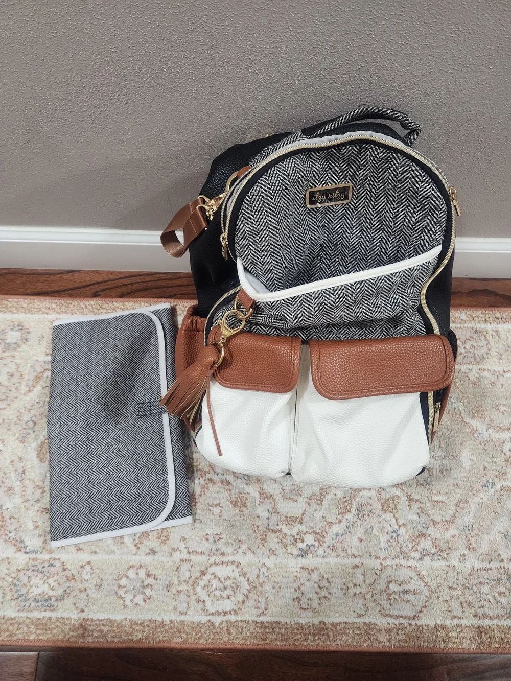 Women’s Herringbone Accent Backpack with White and Brown Trim